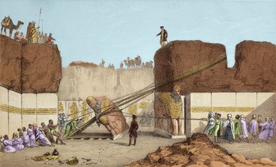 Fouilles de Ninive - Les ruines de Nimrud par Henri Layard (après son voyage en Mésopotamie au XIXe siècle); remplacement du grand taureau ailé - L