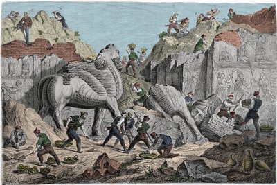 Fouilles entreprises par Paul-Emile (Paul Emile) Botta, consul de France à Ninive sur le site de Khorsabad (Khunsabad), ancienne capitale assyrienne au nord de Mossoul. Irak. Gravure du XIXe siècle - Unknown artist