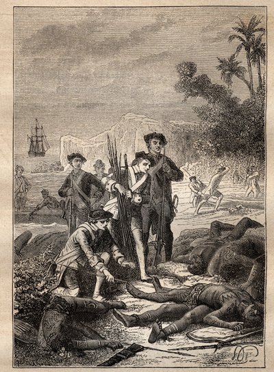 Expédition de Jean François de Surville (1717-1770) dans les mers du Sud (1769-1770) : les marins de Surville rassemblent les armes des indigènes morts pendant la bataille (Nouvelle-Irlande, Papouasie-Nouvelle-Guinée) - illustration tirée de "Les Grands Na - Unknown artist