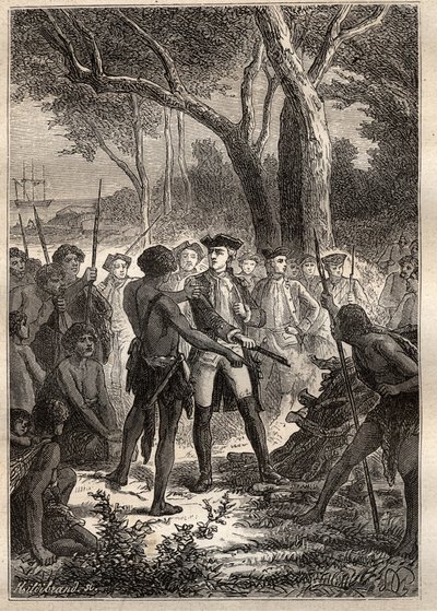 Expédition de Nicolas Thomas Marion-Dufresne (1729-1772) : Marion débarqua dans la baie de Frederick Henry (Tasmanie) et reçut un brandon enflammé des indigènes - illustration tirée de 