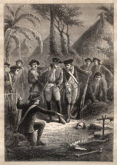 Expédition de Nicolas Thomas Marion-Dufresne (Marion Dufresne) (1729-1772) : à la recherche de Marion et de leurs camarades disparus, les marins découvrent un crâne et des restes humains dans le village de Tacouri (île Matuaro, Nouvelle-Zélande) - illustra - Unknown artist
