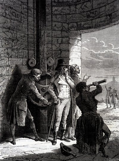 Expérience du télégraphe Chappe réalisée le 12 juillet 1793, de Ménilmontant à Saint-Martin-du-Tertre devant les commissaires de la Convention - dans « Les merveilles de l