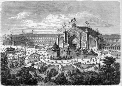 Exposition Universelle de Lyon : les galeries vues du parc. Gravure dans "L