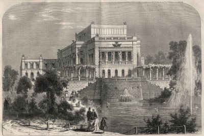 Vue extérieure du nouveau théâtre de Leipzig, Allemagne. Gravure dans "L
