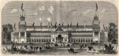 Vue extérieure du palais du troisième tir national allemand à Vienne, Autriche. Gravure dans « L