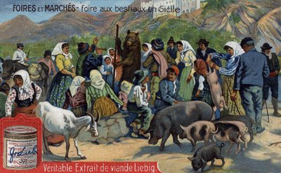Foires et marchés : foire aux bestiaux en Sicile. Chromolithographie, image Liebig - Unknown artist