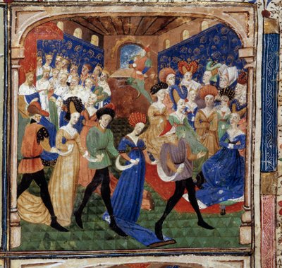 Fête à la cour du roi Arthur. La reine Guenièvre est entourée de 12 rois. Miniature du manuscrit « Le roman de la quête du Graal » 1450-1460 Dijon. Bibliothèque municipale - Unknown artist