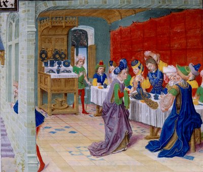 Scène de festin, un paon est servi sur la table. Miniature tirée de « La Vraye Histoire du Bon Roy Alixandre » par Callisthène, ou Kallisthène (c. 360-328 av. J.-C.) - Unknown artist