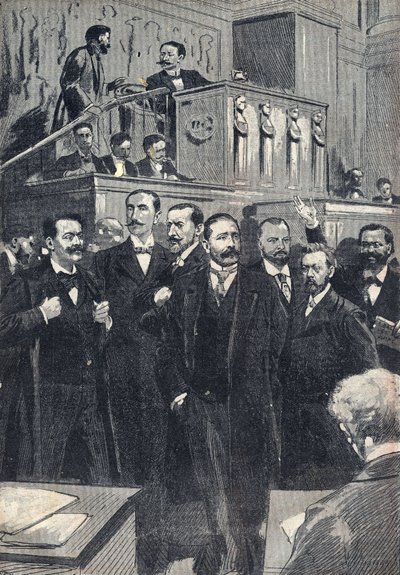 Première séance de la Chambre des députés élue en 1898 : Paul Deschanel, Président de la Chambre des députés. Paul Adolphe Granier de Cassagnac, Lucien Millevoye, Paul Déroulède, Jacques Piou, Eugène - Unknown artist