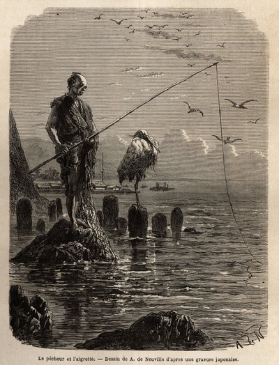 Pêcheur de la baie de Yedo (ou Edo, Tokyo actuel), attrapé par un aigle, à marée basse, les bateaux déposent les pêcheurs sur des blocs de pierre posés à sec dans la baie, ces derniers restent droits, immobiles et pêchent avec l