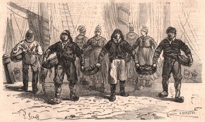 Pêcheurs avec des paniers pleins de poissons sur le quai du port de Trouville, France - Unknown