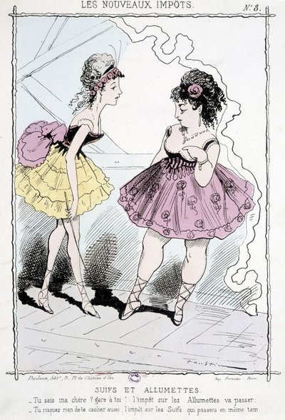 Suivis et allumettes : "Tu sais, chérie, méfie-toi, la taxe sur les allumettes va passer ! Tu ne la cacheras pas non plus, la taxe sur les suivis qui passera en même temps !" - caricature sur les "nouvelles taxes" - Unknown artist
