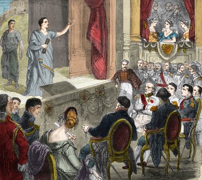 François-Joseph Talma (1763-1826), comédien français, jouant « La Mort de César », tragédie en trois actes de Voltaire à Erfurt devant un parterre de rois comprenant Napoléon Ier et Alexandre Ier, tsar de Russie (1777-1825). Gravure - Unknown artist