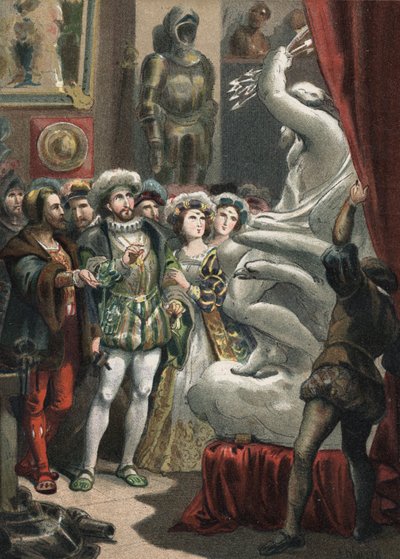 François Ier (1494-1547), roi de France, chez le sculpteur italien Benvenuto Cellini (1500-1571) gravure de 1881 dans « El Culto de la Hermosura » par Juan Justo Huguet, Molinas Hermanos éditeurs - Unknown artist