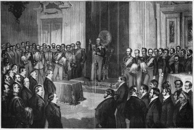 Frédéric-Guillaume IV (1795-1861), roi de Prusse, prêtant serment sur la constitution, 6 février 1850, gravure sur bois d
