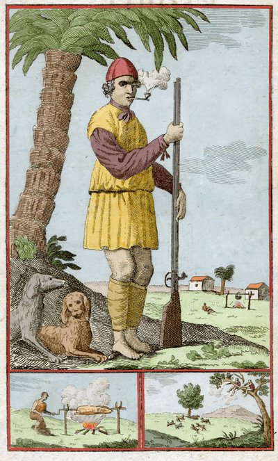 Boucanier français de Saint-Domingue (Haïti). Gravure dans « Histoire des Aventuriers Flibustiers et Boucaniers Signalés Dans Les Indes » par Alexandre Olivier Exquemelin (1645-1710). - Unknown artist
