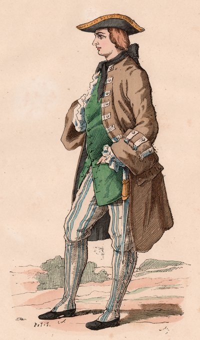 Gentilhomme français en costume de chasse, portant manteau, gilet et chapeau tricorne avec une dague à son côté pendant le XVIIIe siècle (gravure en couleur) - Unknown