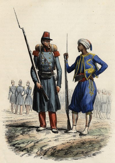 Uniforme militaire français : À gauche, une légion étrangère formée et envoyée en Algérie en 1831. À droite, des cavaliers indigènes, formés et envoyés en Algérie en 1841. Dans « L