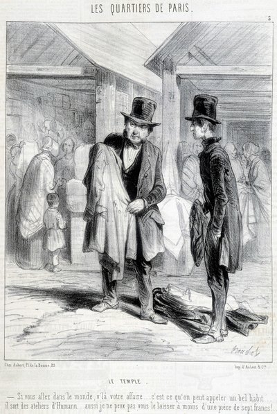 Fripier du quartier du temple à Paris essayant de vendre des vêtements à un homme. Gravure du 19e siècle. - Unknown artist