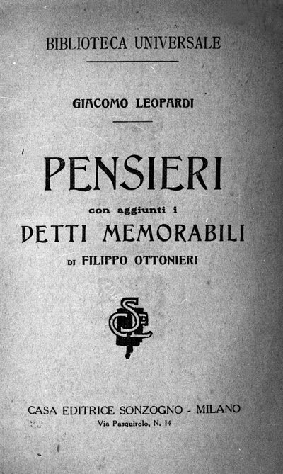 Frontispice de « Pensieri » (Pensées) par le poète italien Giacomo Leopardi (1798-1837) XIXe siècle - Unknown artist