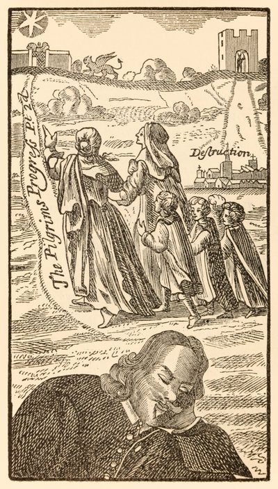 Frontispice de la deuxième partie de Le Voyage du pèlerin de ce monde à celui qui est à venir par John Bunyan (1628-1688) montrant l