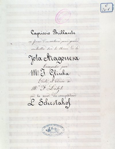 Frontispice de Capriccio brillant sur le thème de Jota Aragonese (ouverture espagnole n°1) par Mikhail Glinka - Unknown artist