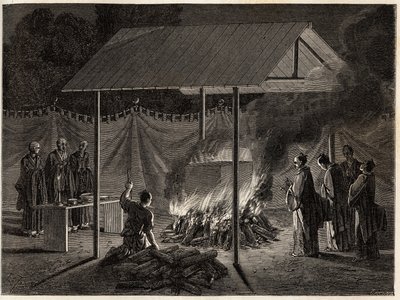 Cérémonies funéraires : incinération rituelle. Gravure pour illustrer le voyage au Japon en 1863-1864, par Aimé Humbert, ministre de la Confédération suisse, dans « Le tour du monde, nouveau journal des voyages », publié sous la direction d