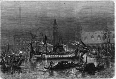Funérailles de Daniele Manin (1804-1857), qui a participé au Risorgimento, à Venise : la gondole mortuaire transportant les cendres vers l