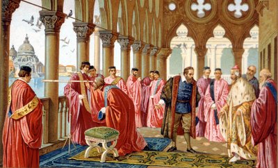 Galileo Galilei (1564 - 1642) présente sa lunette au Palais des Doges à Venise. Chromolithographie du 19ème siècle. - Unknown artist