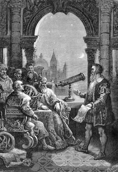 Galileo Galilei (Galilée) présentant la première lunette astronomique au Doge de Venise. - Unknown artist
