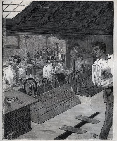 Dorure galvanique : raclage des bijoux en or avec un racloir-boesse. Gravure de 1885 dans "Les arts et métiers illustrés" par Adolphe Bitard. - Unknown artist