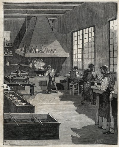 Orfèvrerie galvanique : préparation des moules. Gravure de 1885 dans "Les arts et métiers illustrés" par Adolphe Bitard. - Unknown artist