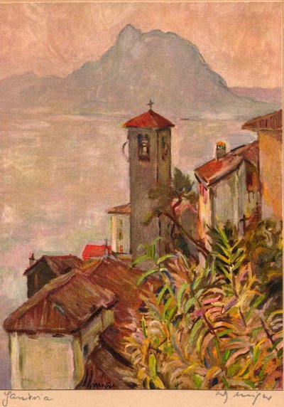 Gandria, Suisse, avec le Mont San Salvatore et le lac Lugano, carte postale de Fritz Meijer, vers 1940 (lithographie couleur) - Unknown artist