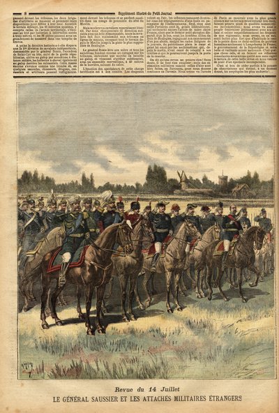 Général Félix Gustave Saussier (1828-1905), gouverneur militaire de Paris depuis 1884, entouré de liens militaires étrangers, passant en revue les troupes lors du défilé du 14 juillet 1891 dans la plaine du Bois de Boulogne. Gravure dans « Le petit journal - Unknown artist