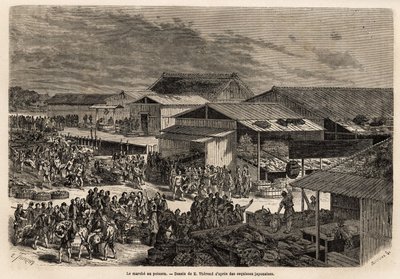 Vue générale du marché aux poissons, avec le port des barques de marchandises, les cabanes et les étals de présentation des produits, et la scène de vente aux enchères, avec l