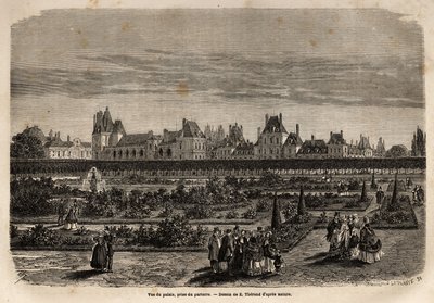 Vue générale du palais et des jardins de Fontainebleau, prise du sol. Gravure pour illustrer une description du château et de la forêt de Fontainebleau, en 1867, par M. Pays, dans « Le tour du monde, nouveau journal des voyages » publié sous la direction d - Unknown artist