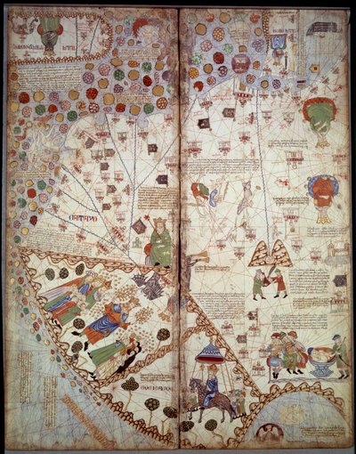 Carte géographique : Chine, vallée du Gange, Sumatra, Ceylan. Atlas catalan (carte catalane) (Espagne). Manuscrit de 1375 (Folio 2v - folio 3) par Abraham Cresques. BN, Paris - Unknown artist