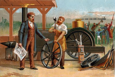 George Stephenson (1781-1848) représenté avec une de ses inventions : la locomotive. Chromolithographie tardive du 19ème siècle - Unknown artist
