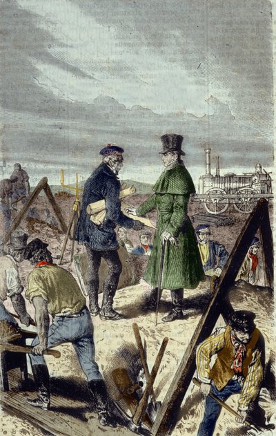 Georges Stephenson (1781-1848), ingénieur anglais, constructeur de la route Liverpool-Manchester avec sa première locomotive. - Unknown artist