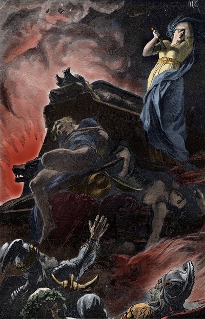 Sacrifice funéraire allemand - Rite funéraire, âge du fer, Allemagne : Sacrifice de la femme sur le bûcher funéraire de son mari - Unknown artist