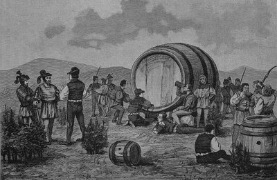 Guerre des paysans allemands (1524-1526) : Camp des paysans sur les genévriers avec un grand tonneau de vin - Unknown artist