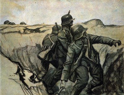 Soldats allemands lançant des grenades sur les troupes ennemies depuis les tranchées. 26/5/1917. - Unknown Artist