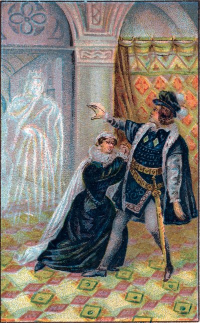 Gertrude, Hamlet et le fantôme du père de Hamlet. Dans « Hamlet », de William Shakespeare. Chromolithographie de la fin du 19ème siècle - Unknown artist