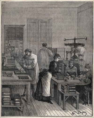 Dorure des livres (couvertures) au fer dans un atelier en France au XIXe siècle. Gravure de 1885 dans « Les arts et métiers illustrés » par Adolphe Bitard - Unknown artist
