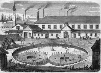 Usine de câbles électriques en verre Eiliot à Greenwich. Enroulement du câble dans les bassins avant le transport sur le navire « le Léviathan ». Gravure de 1865 - Unknown artist