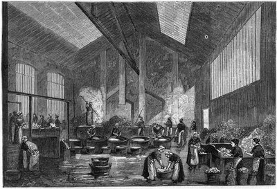 Atelier de triage de verre, rue de Crimée à Paris. Gravure dans «La Nature : revue des sciences et de leurs applications aux arts et à l