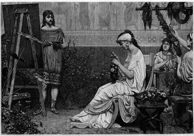 Glycère posant devant le peintre grec Pausias (IVe siècle av. J.-C.) pour le tableau "Stephanopoclos". Gravure dans "Le journal de la jeunesse" - Unknown artist