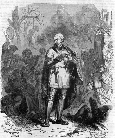 Dieu nous garde des peines de Monsieur le connétable ! Le connétable de Montmorency vers 1548 en campagne militaire. Gravure du 19ème siècle - Unknown artist
