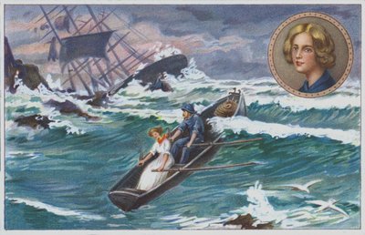 Grace Darling part à la rame avec son père pour secourir les survivants du navire naufragé, le "Forfarshire" en 1838. (chromolitho) - Unknown artist