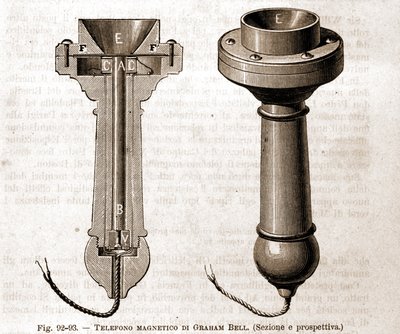 Coupe du téléphone magnétique de Graham Bell. Gravure du 19ème siècle. - Unknown artist